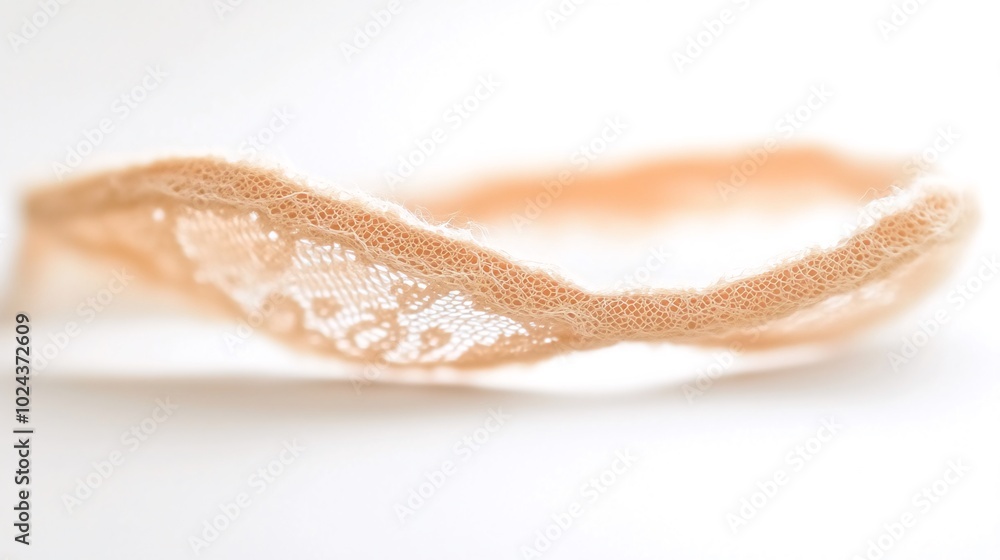 A close-up of a delicate beige lace trim, isolated on a white background. A close-up of a delicate beige lace trim, isolated on a white background.