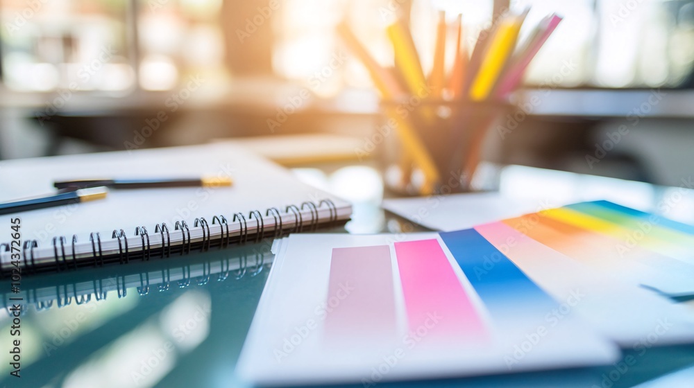 A close-up shot of a designer's workspace, with a color chart, pencils, and a notebook. A close-up shot of a designer's workspace, with a color chart, pencils, and a notebook.