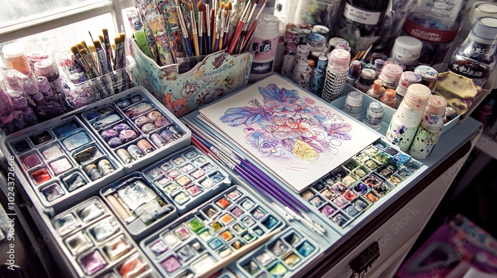 A close-up of a well-organized artist's workspace with a variety of art supplies, including paints, brushes, and drawing paper. A close-up of a well-organized artist's workspace with a variety of art supplies, including paints, brushes, and drawing paper.