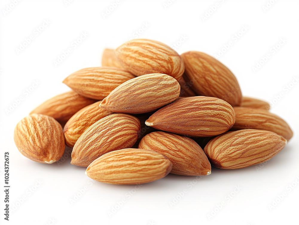 a pile of almonds on a white background. The almonds are brown and shiny. a pile of almonds on a white background. The almonds are brown and shiny.