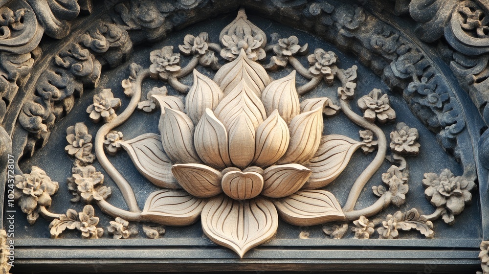 Close up view of intricate lotus pattern carving on a temple door Close up view of intricate lotus pattern carving on a temple door