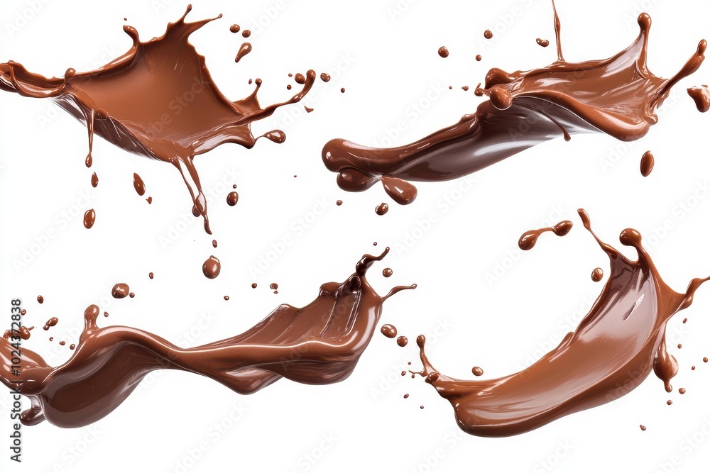 Set of Melted Chocolate wavy splash in mid air isolated on white background Set of Melted Chocolate wavy splash in mid air isolated on white background