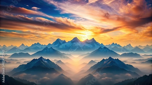 Symmetrical mountain ranges with gradient sky background