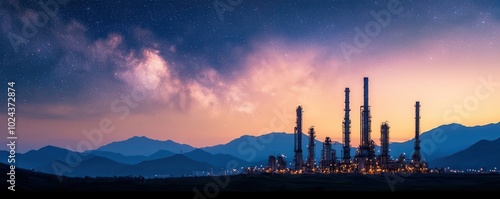 A stunning night scene of an oil refinery illuminated under a starry sky, showcasing industrial beauty against a mountainous backdrop.