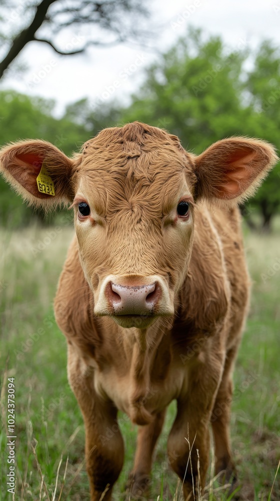 A curious calf stands in a tranquil meadow under soft, cloudy skies in spring A curious calf stands in a tranquil meadow under soft, cloudy skies in spring