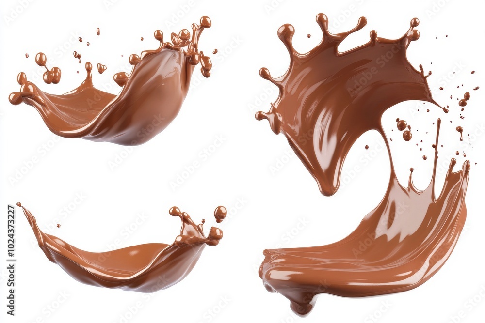 Set of Melted Chocolate wavy splash in mid air isolated on white background Set of Melted Chocolate wavy splash in mid air isolated on white background