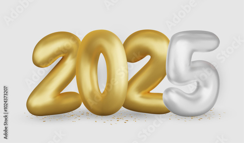 Happy New Year and Merry Christmas. Christmas holiday background with realistic 3d objects,gold and red bauble balls, conical metal stars, gift. Levitation falling design composition.