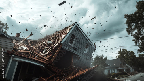 Powerful hurricane destroys suburban neighborhood house in violent storm surge