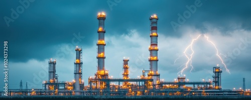 A dramatic industrial scene featuring a refinery with towering smokestacks under a stormy sky illuminated by lightning.