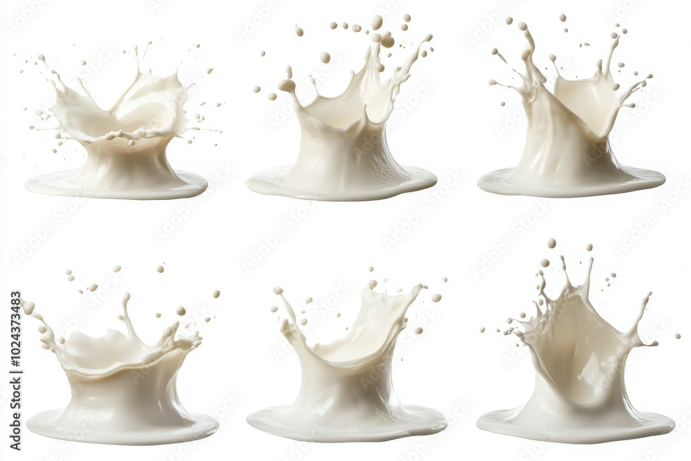 Set of milk wavy splash in mid air isolated on white background Set of milk wavy splash in mid air isolated on white background