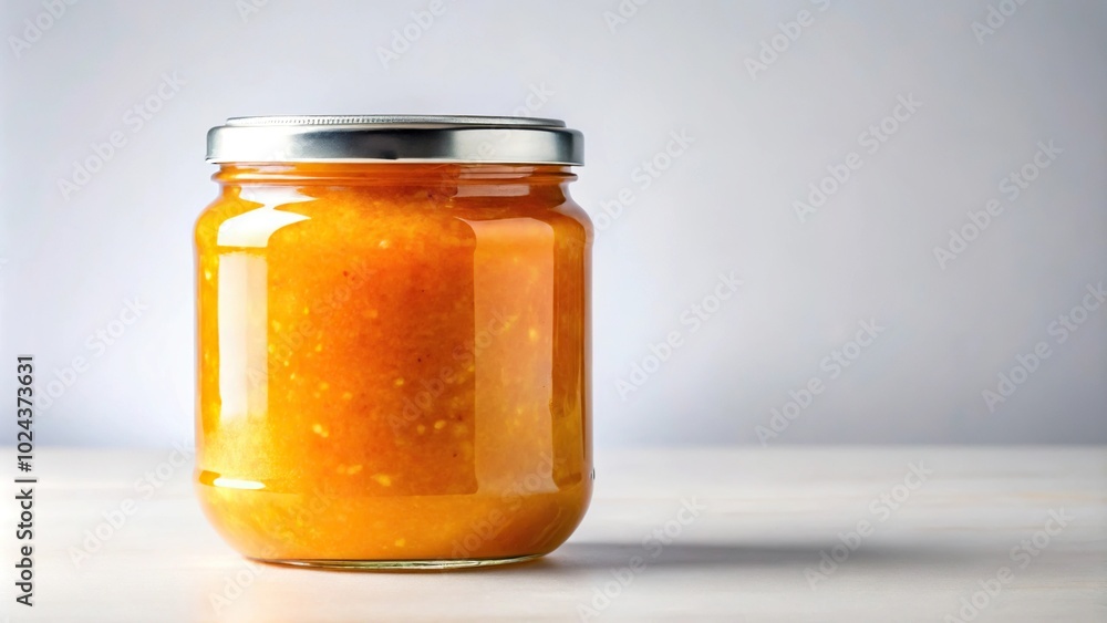 Symmetrical nutritious orange jam spread in glass jar on white background Symmetrical nutritious orange jam spread in glass jar on white background