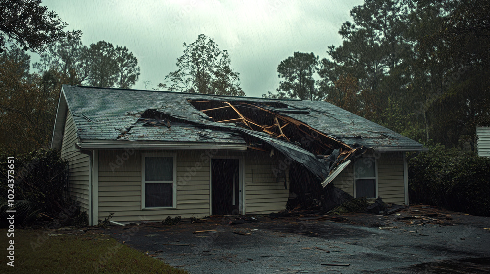 Severe flooding damage to suburban home after powerful storm with roof collapse and heavy rainfall Severe flooding damage to suburban home after powerful storm with roof collapse and heavy rainfall