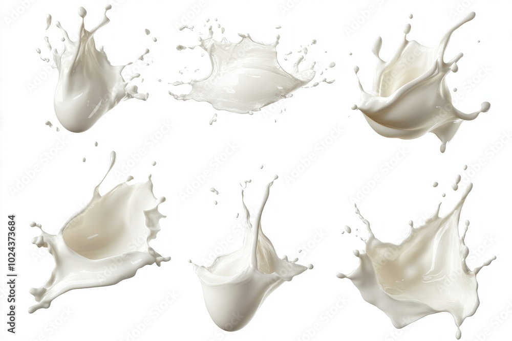 Set of milk wavy splash in mid air isolated on white background Set of milk wavy splash in mid air isolated on white background