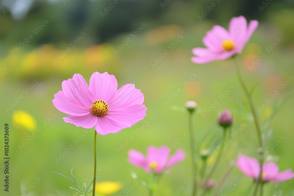 Vibrant pink flowers blooming in a lush green meadow under soft sunlight Vibrant pink flowers blooming in a lush green meadow under soft sunlight