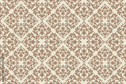 Ornate Brown Damask Pattern for Elegant Wallpaper, Textiles, and Decorative Fabrics, Featuring Baroque Floral Motifs in Classic Beige and Brown Tones, Perfect for Vintage and Luxury Interiors