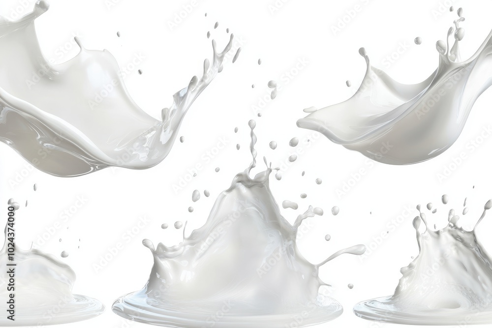 Set of milk wavy splash in mid air isolated on white background Set of milk wavy splash in mid air isolated on white background