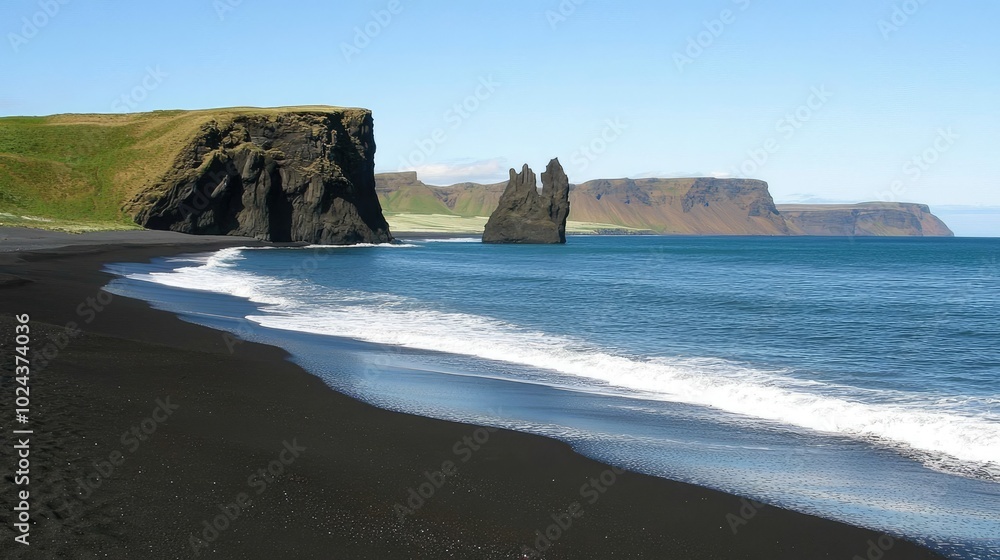 Dramatic Black Sand Beach with Volcanic Rocks Dramatic Black Sand Beach with Volcanic Rocks
