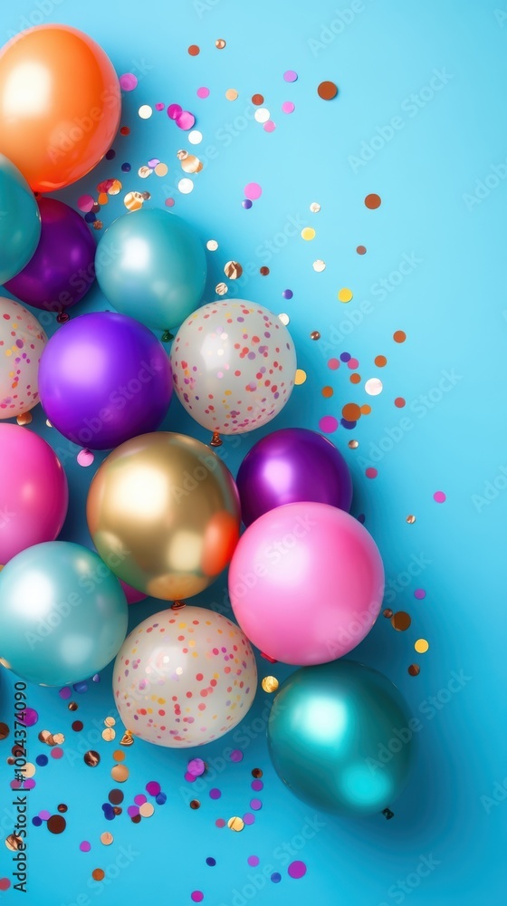 Colorful party balloons confetti on blue background Colorful party balloons confetti on blue background