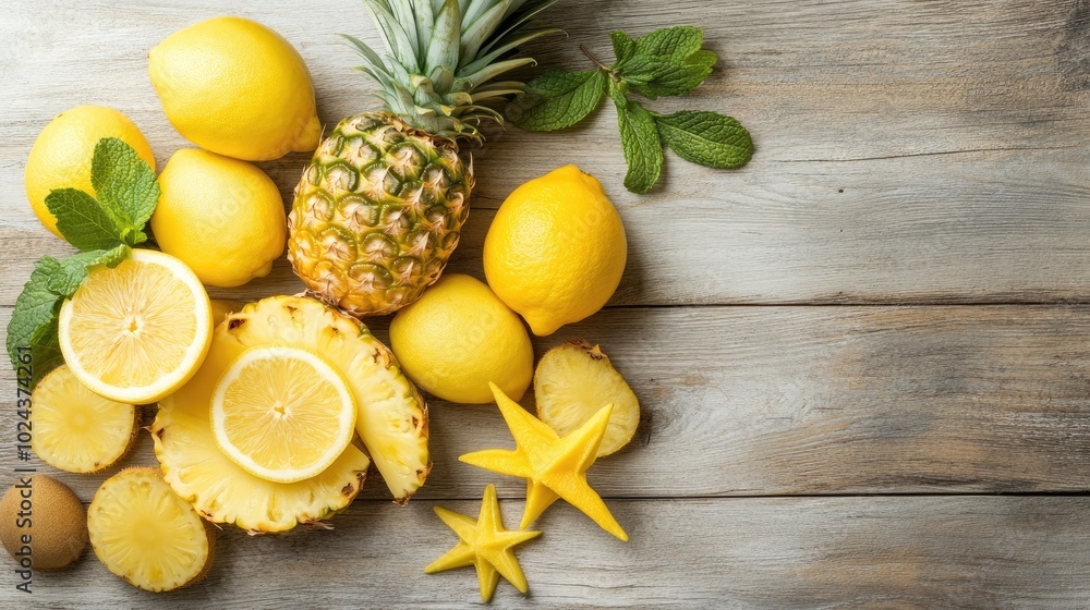 Vibrant Yellow Fruits Arrangement on Rustic Wood Vibrant Yellow Fruits Arrangement on Rustic Wood