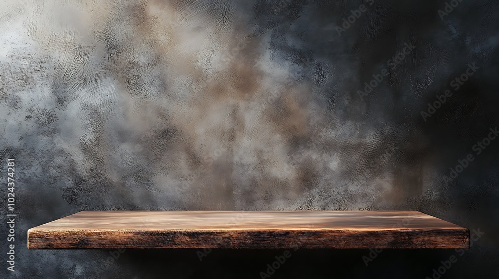 Wood countertop in the kitchen. Empty wooden table for product against dark concrete wall background. 3D brown podium for advertising. Mockup with design platform. Wood countertop in the kitchen. Empty wooden table for product against dark concrete wall background. 3D brown podium for advertising. Mockup with design platform.