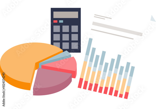 Pie chart and calculator symbolize budget planning, alongside bar graphs depicting financial analysis.