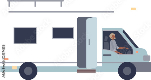 Illustration of a campervan with a driver, symbolizing travel freedom.