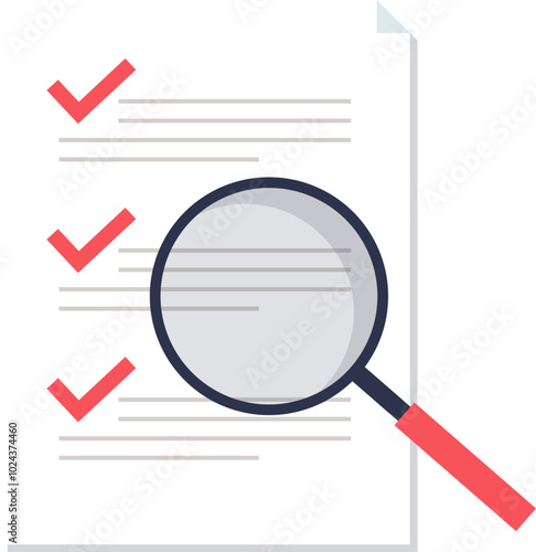 A checklist with red ticks and a magnifying glass inspecting details, symbolizing thorough performance review.
