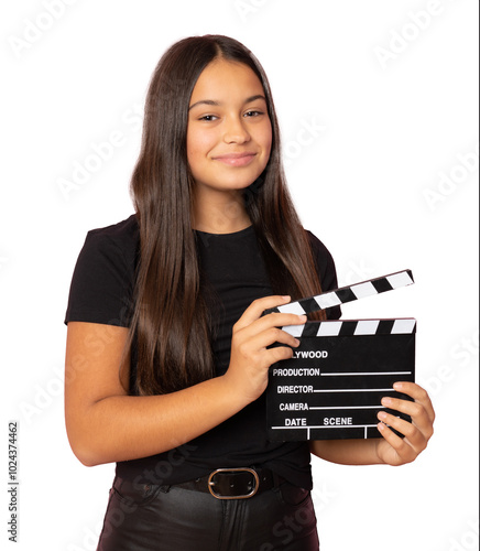 Photo of positive pretty young woman hold hands clapper smile hobby film over transparent background. Woman with movie clapper on white