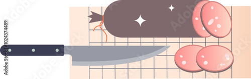 Sliced sausage on a kitchen towel with a knife, symbolizing culinary preparation.