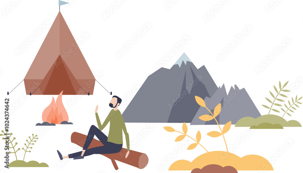 Fototapeta premium A man relaxes by a campfire near a tent, surrounded by mountains and plants, symbolizing tranquility and adventure.