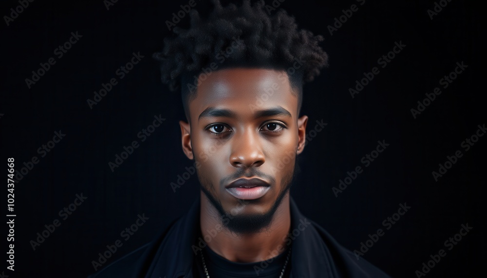Obraz premium A young man stands with a solemn expression, illuminated by soft light, highlighting his textured hair and thoughtful gaze in a striking, dark atmosphere
