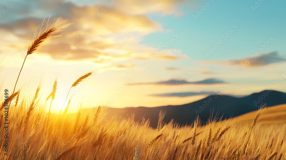 Fototapeta premium Stunning 3D of a tranquil golden wheat field at sunset showcasing the beauty of a serene pastoral countryside scene