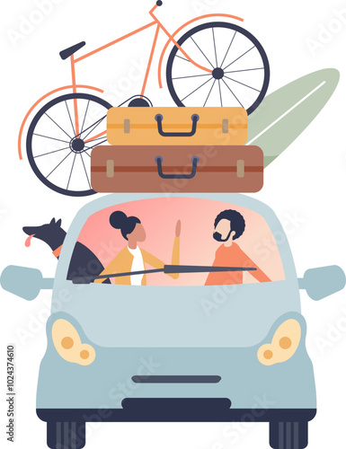 Couple and dog in car with suitcase and bicycle on roof, symbolizing adventure.