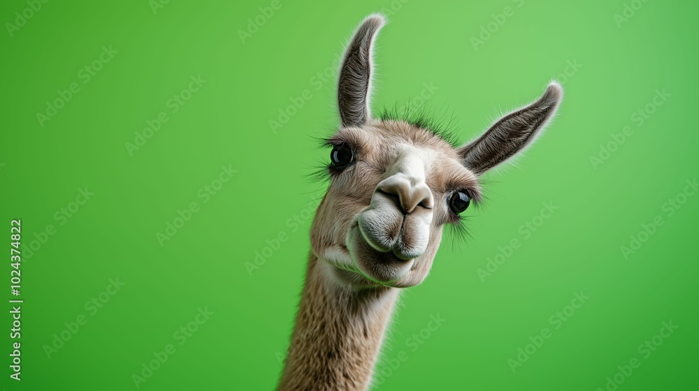 Obraz premium A cute llama looks directly at the viewer with curiosity, showcasing its expressive features against a vibrant green backdrop, capturing an engaging moment, copy space