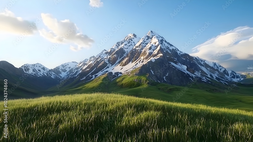 Majestic snow capped mountain peaks rising into the sky surrounded by a serene and breathtaking alpine landscape in a 3D Majestic snow capped mountain peaks rising into the sky surrounded by a serene and breathtaking alpine landscape in a 3D