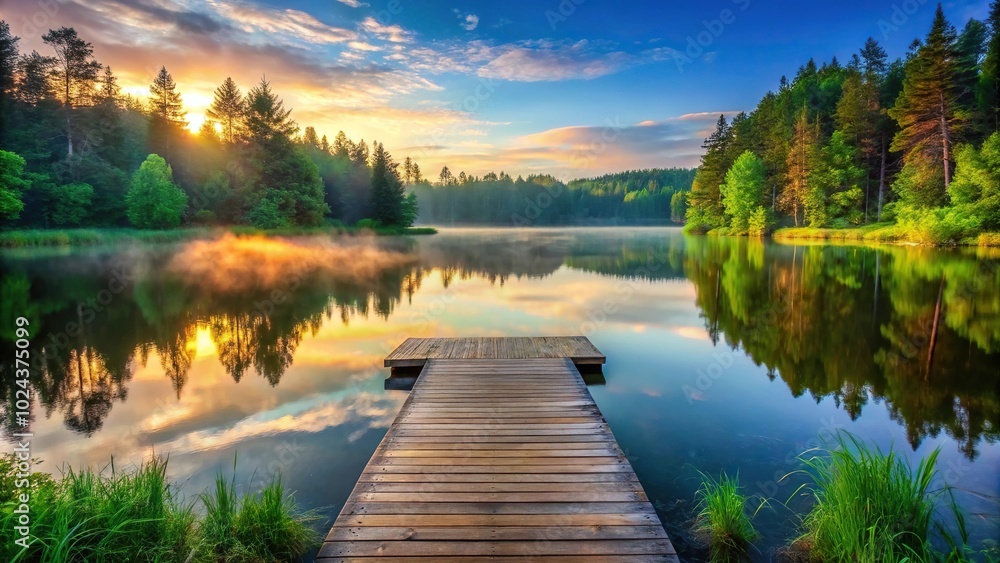 Symmetrical peaceful forest lake at sunrise with wooden dock Symmetrical peaceful forest lake at sunrise with wooden dock
