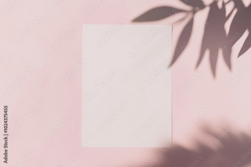 Minimalist Mockup: Blank White Paper on Soft Pink Background with Leaf Shadows - Perfect for Print, Card, Poster Design Minimalist Mockup: Blank White Paper on Soft Pink Background with Leaf Shadows - Perfect for Print, Card, Poster Design