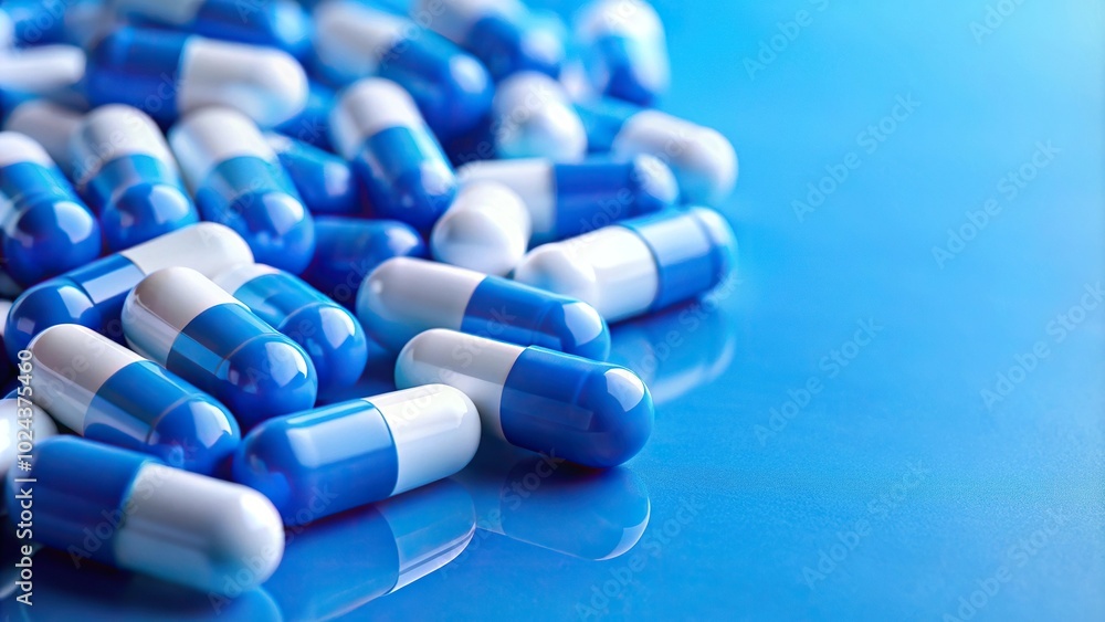 Blue and white pills with blue background from a worm's eye view perspective Blue and white pills with blue background from a worm's eye view perspective