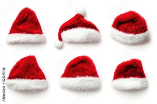 Set of red furry christmas xmas santa claus hat on white background