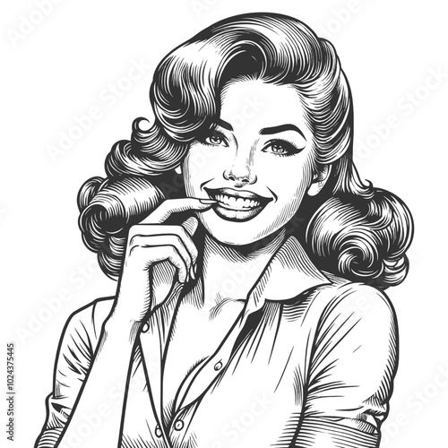 Playful smiling beautiful young woman flirty biting her little finger sketch engraving generative ai fictional character vector illustration. Scratch board imitation. Black and white image.
