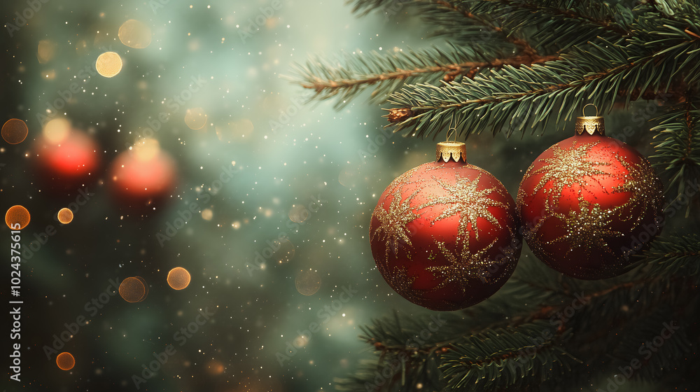 Obraz premium A Christmas tree with two red ornaments hanging from it. The tree is surrounded by a blurry background, giving the impression of a dreamy, festive atmosphere