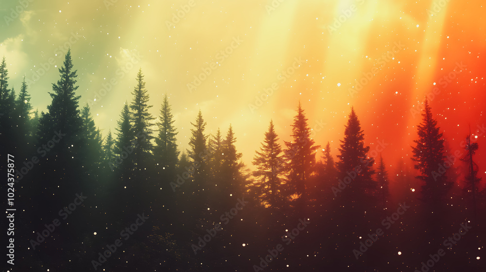 A forest with trees in the foreground and background. The trees are in various shades of green and brown. The sky is orange and the sun is shining through the trees A forest with trees in the foreground and background. The trees are in various shades of green and brown. The sky is orange and the sun is shining through the trees