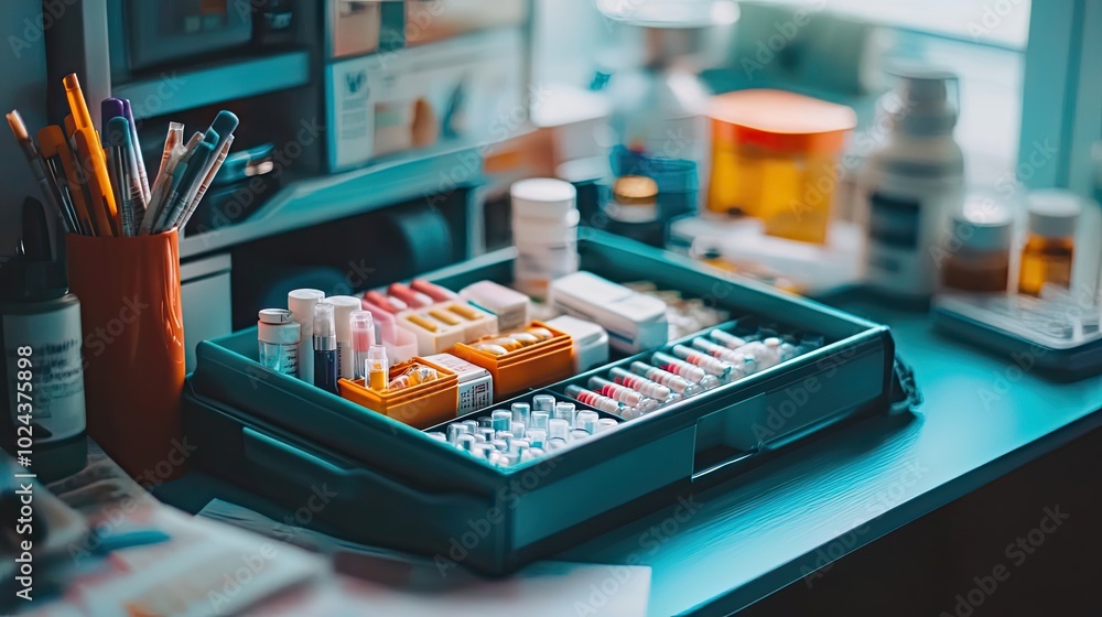 Open Drawer with Assorted Medications and Pens