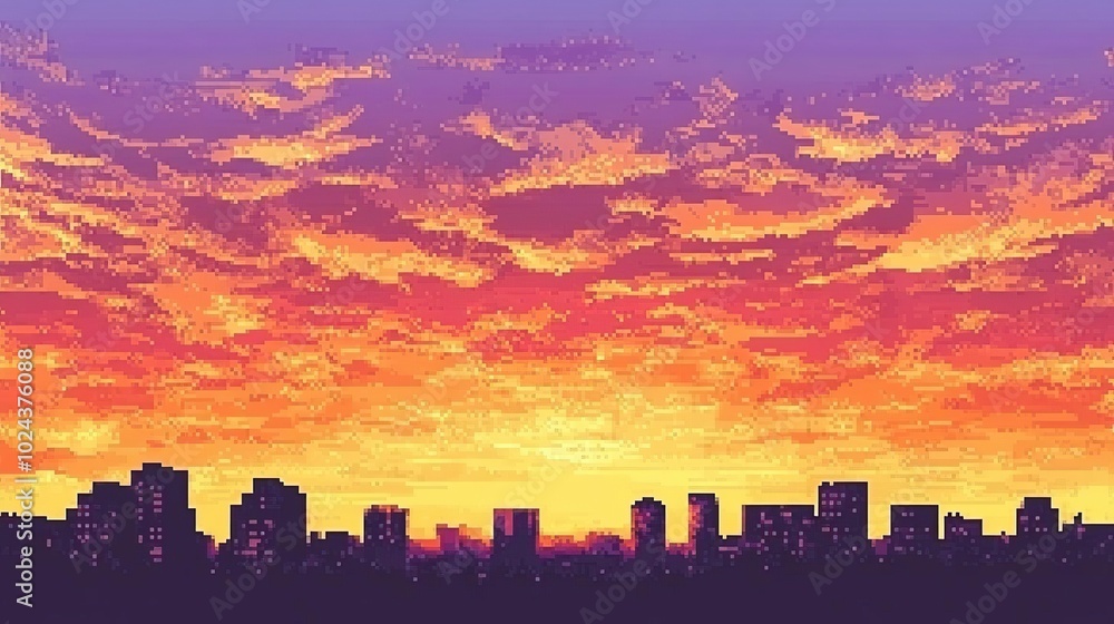 A pixel art sunset over a city skyline, showcasing vibrant colors and a serene atmosphere. A pixel art sunset over a city skyline, showcasing vibrant colors and a serene atmosphere.