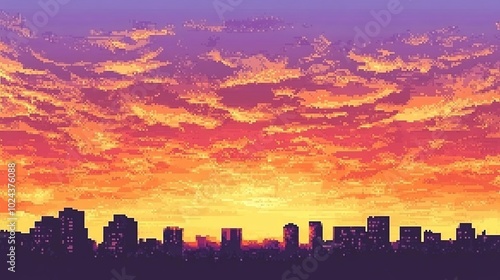 A pixel art sunset over a city skyline, showcasing vibrant colors and a serene atmosphere.