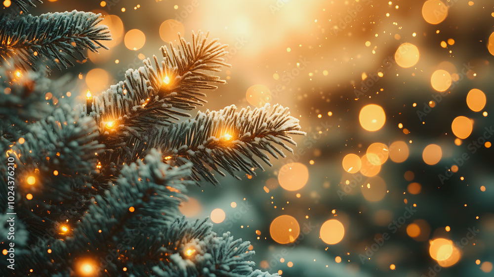 A Christmas tree with snow on it and lights on it. The lights are glowing and the snow is falling A Christmas tree with snow on it and lights on it. The lights are glowing and the snow is falling
