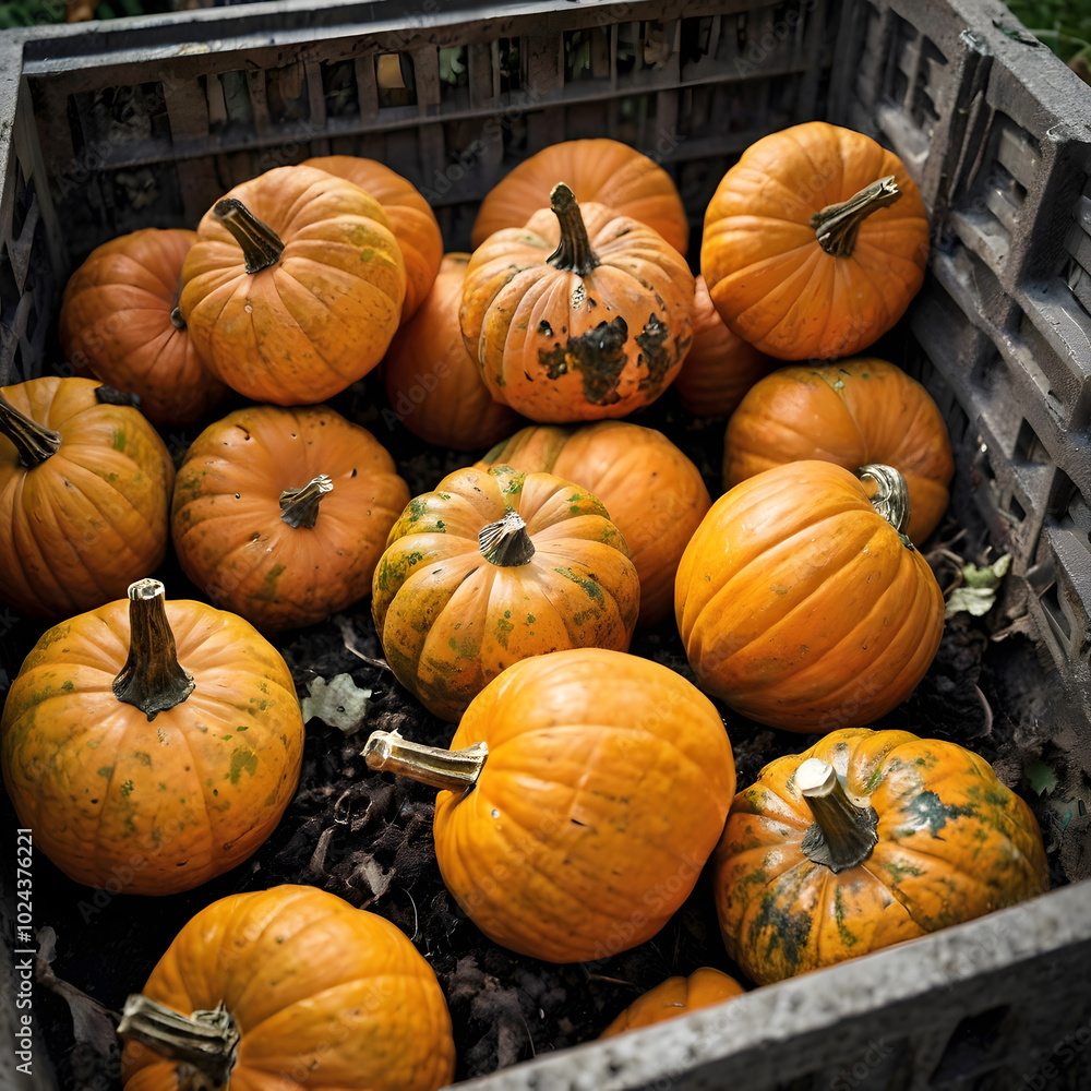 Many various Pumpkins waste in the compost bin with dirt and mold on them Many various Pumpkins waste in the compost bin with dirt and mold on them