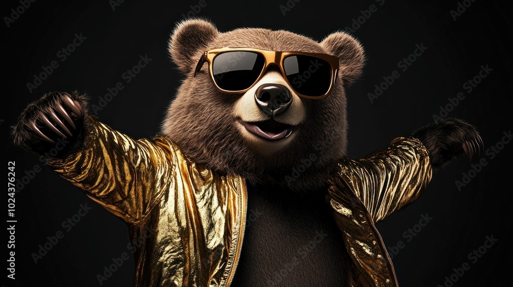 Cool bear in gold jacket and sunglasses on a dark background Cool bear in gold jacket and sunglasses on a dark background