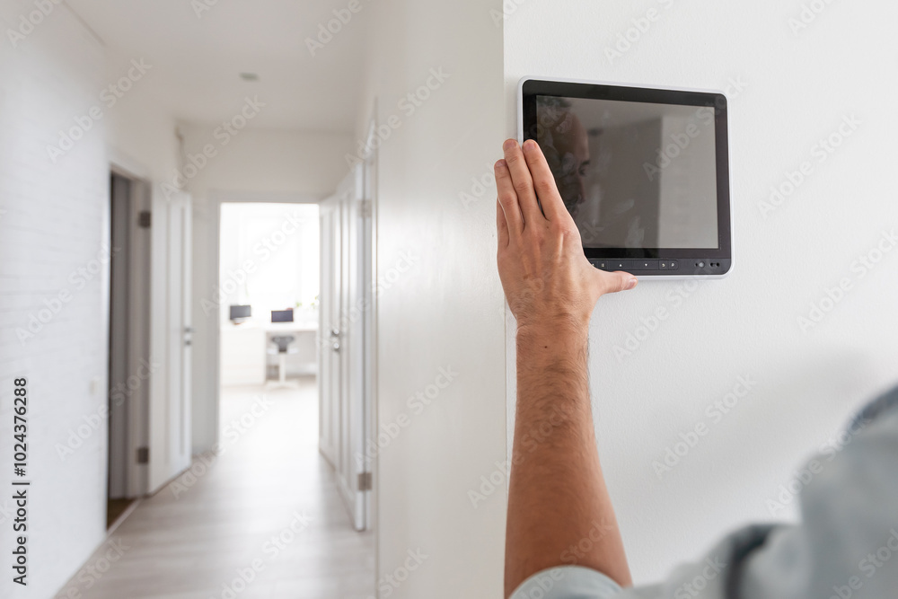 Young electrician installing security alarm on wall Young electrician installing security alarm on wall