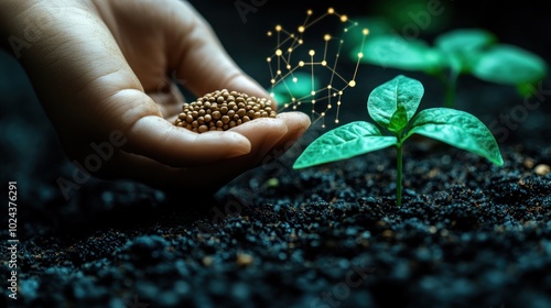 A hand holding fertilizer pellets, with a glowing network of lines above them, in front of a row of emerging green plant seedlings, representing innovation in sustainable agriculture. photo